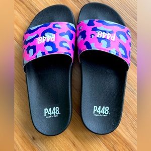 NEW. P448 Pink Leopard Print Slides/ Sandals. Size 38.